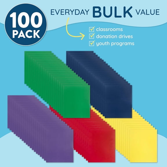 100 Paper Two Pocket Folders with Prongs, 2 Pocket Folders Bulk 100 Pack, Assorted 5 Colors, 3 Prongs for Letter Size Paper, Designed for Office and Classroom