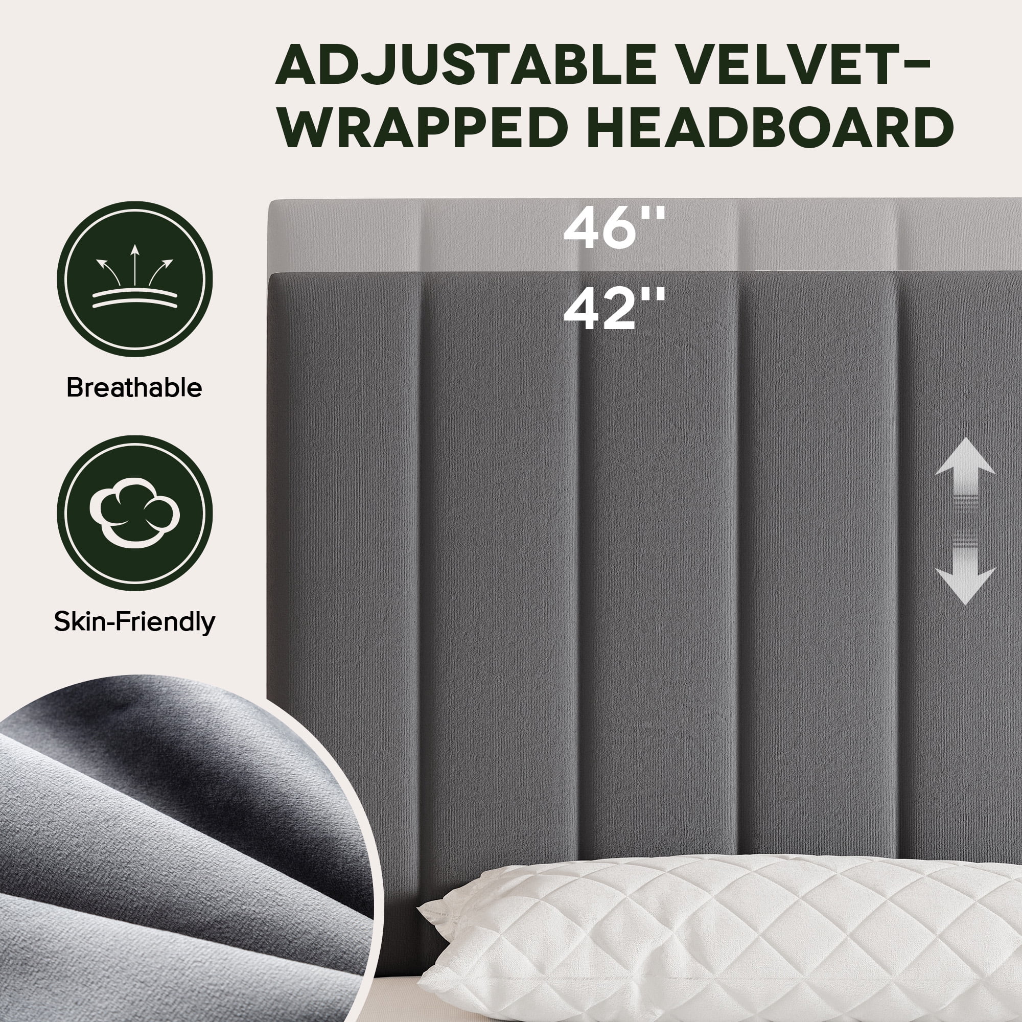 Einfach Queen Bed Frame with Adjustable Upholstered Velvet Headboard and 4 Storage Drawers, No Box Spring Required, Gray