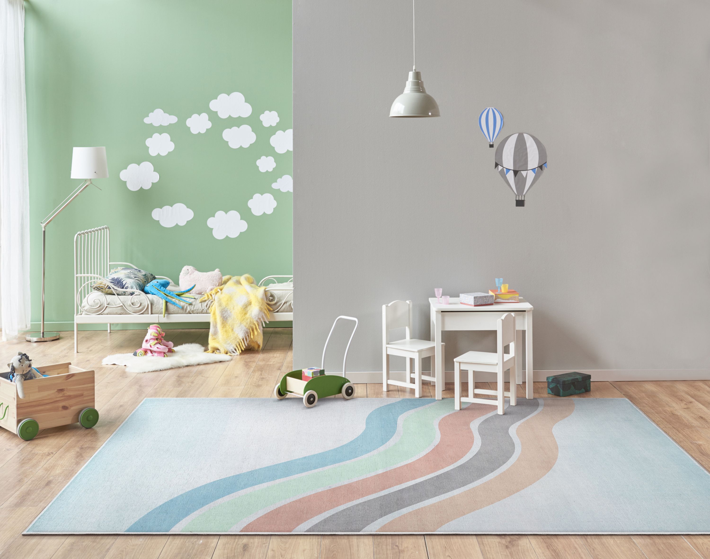 Well Woven Kids Rugs Curved Rainbow Modern Multi Color Printed Distressed Machine Washable 5' x 7' Area Rug