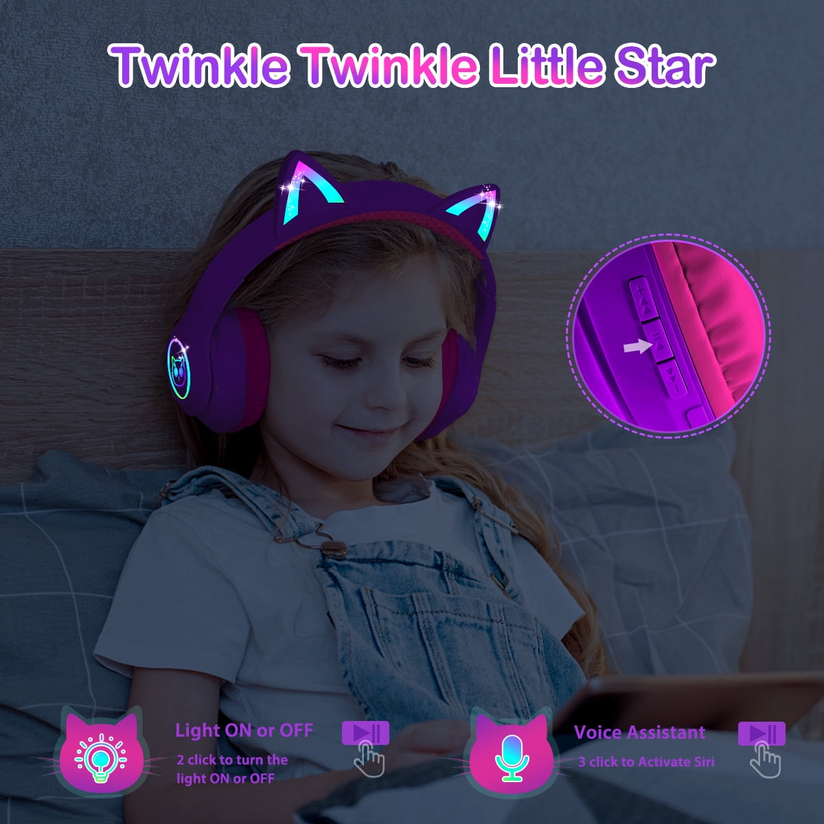LOBKIN Kids Wireless Headphones, Cat Ear Headphones with LED Lights for Boys/Girls, Childrens Bluetooth Headphones Foldable with Microphone for Phone/Tablet/Laptop (Purple Pink)