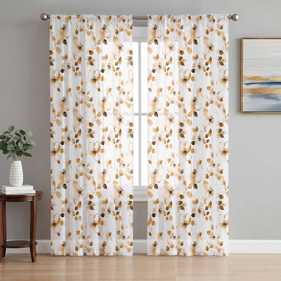Orange Botanical Sheer Curtains 72 Inch Length 2 Panels Set, Vintage Blossom Floral Wildflower Voile Window Treatment Rod Pocket Curtains Sheers Drapes for Bedroom/Living Room/Kitchen 52"x72"x2