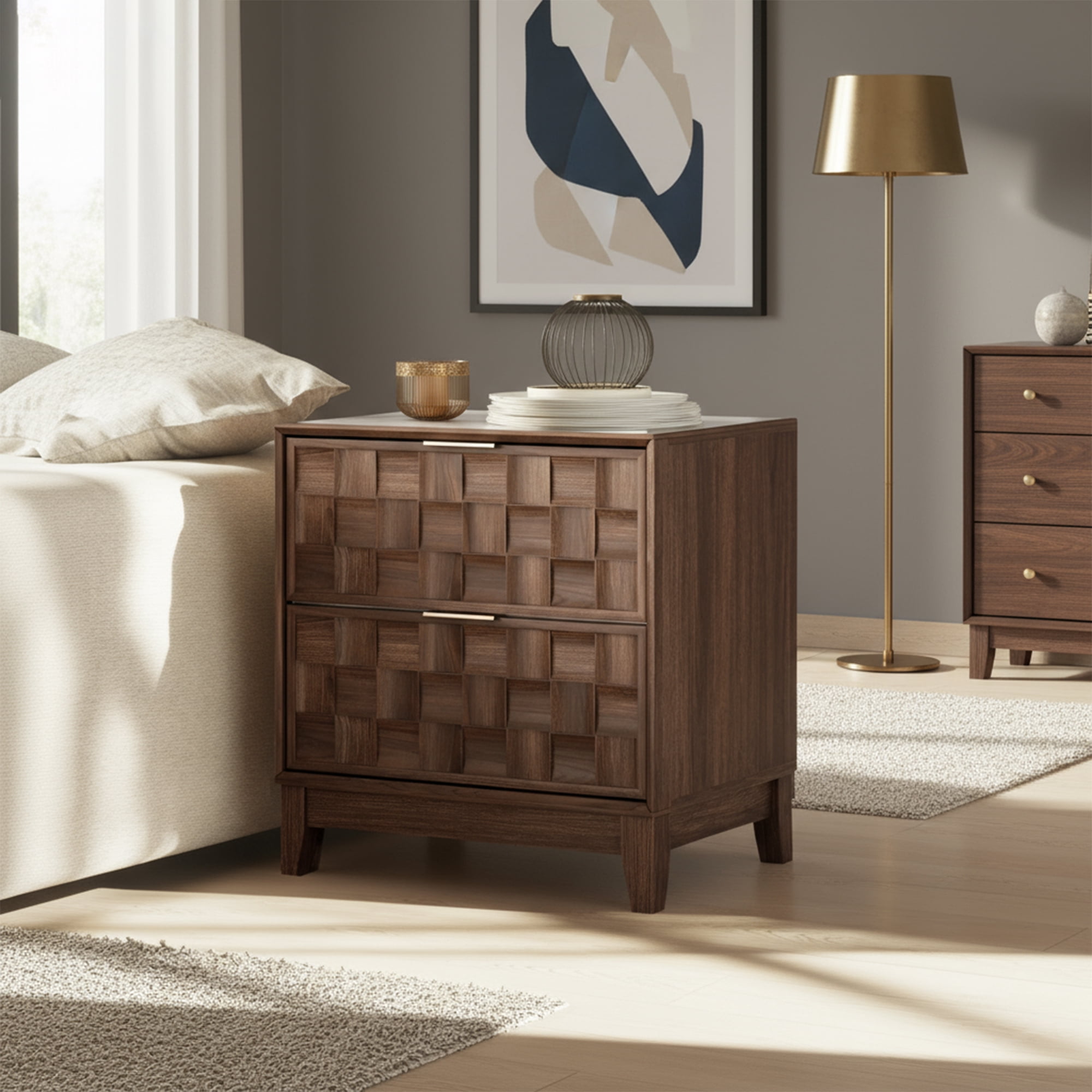 Nightstand with Charging Station, Modern 2 Drawer Bedside Table with Storage, 1 pack,Walnut