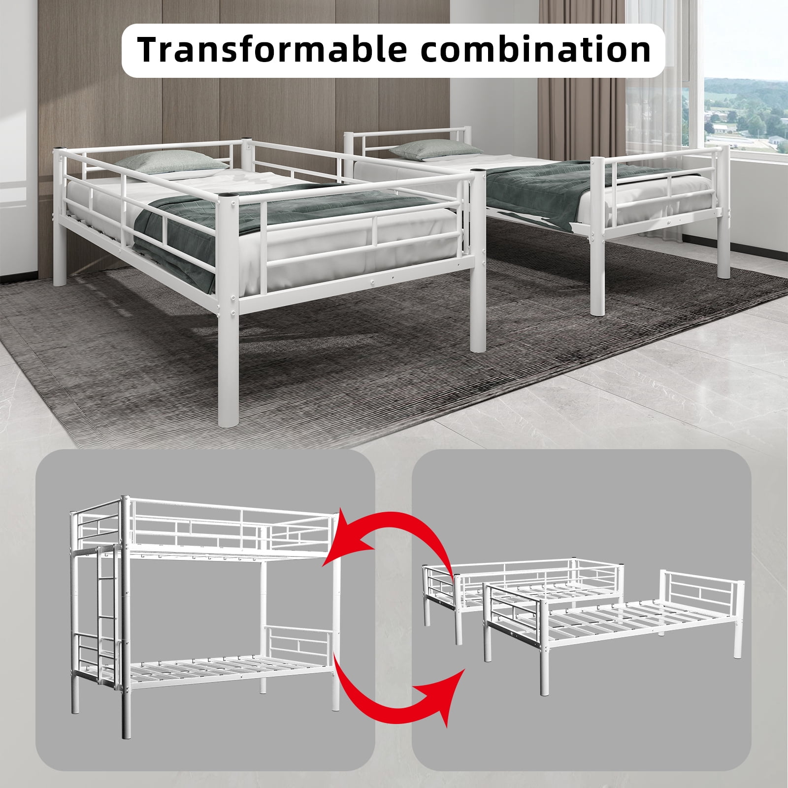 Alvantor Twin over Twin Bunk Beds Convertible 2 Beds Metal Heavy-duty Bed Frame for Kids Teens with Ladders & Guardrail White