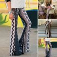 thumbnail image 4 of Femmes Boho Hippie Taille Haute Large Jambe Large Évasée Cloche Bas Flroal Pantalon Long, 4 of 5