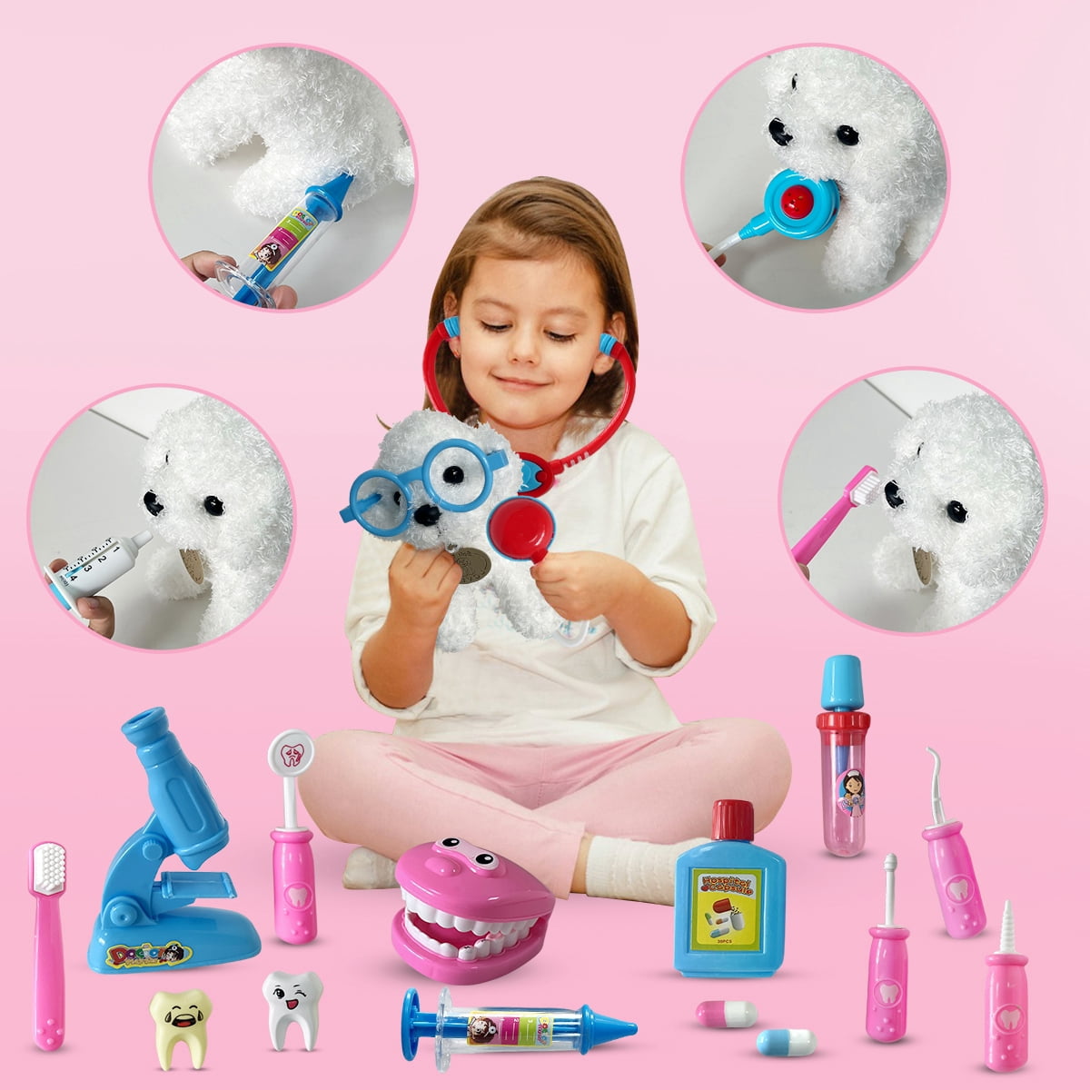 Doctor Kit for Kids Pretend Play Toy for Toddler Dentist Toy with Dog Christmas Birthday Gift for Preschool Boys Girls for Role Play Game 22Pcs