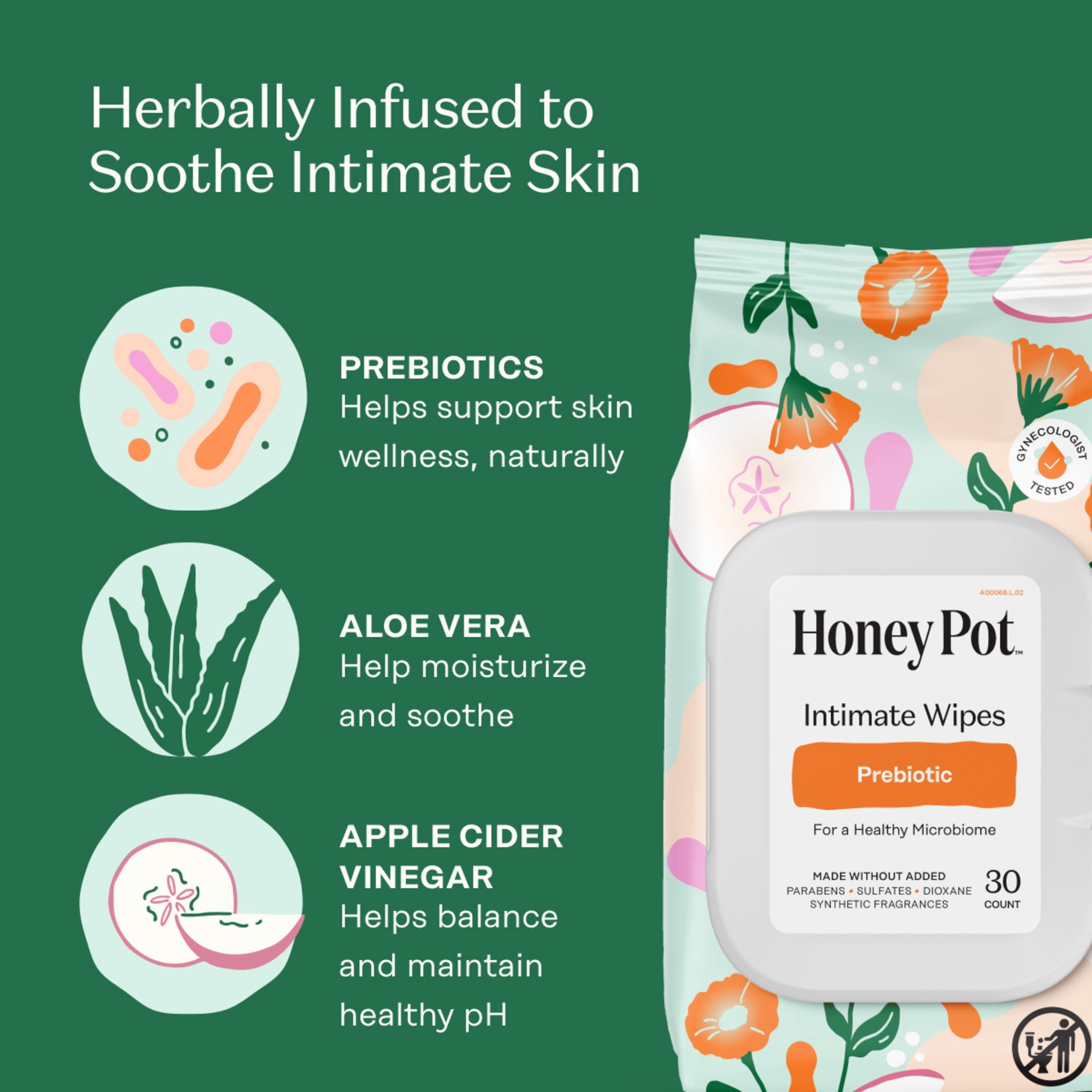 Honey Pot Intimate Wipes - Prebiotic, 30 Count