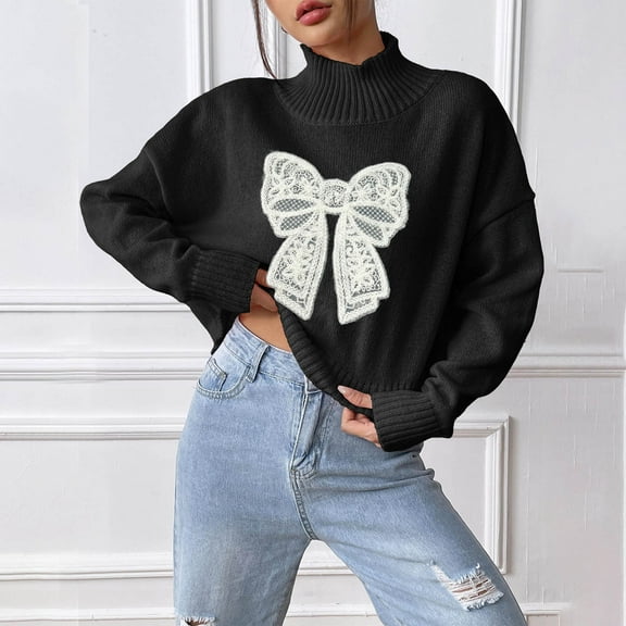 Tao Women's Y2k Cute Bow Sweater Long Sleeve Turtleneck Lace Going Out Top Oversized Pullover Ribbed Knit Crop Sweater BlackL