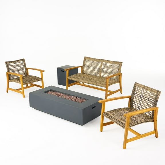 Noble House Augusta 5-Piece Outdoor Wood and Wicker Loveseat Set in Gray