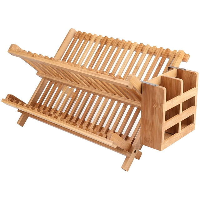 TORUBIA Dish Rack Drain Rack Collapsible No Installation 2-Tier Large Folding Bamboo Dish Drying Rack for Kitchen Counter (Natural, 16.14" X 10.04" X 9.45")