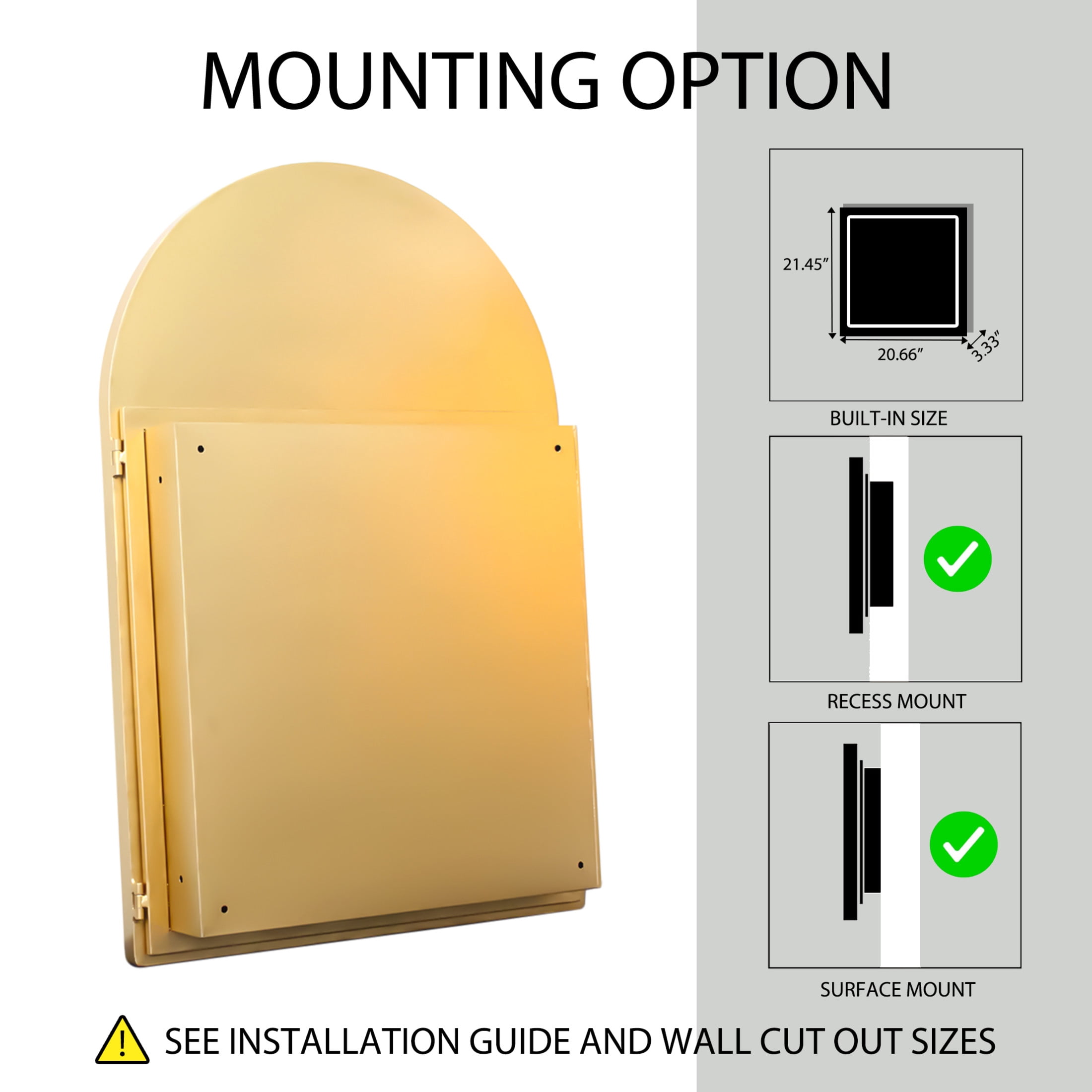 Noble House Arched Medicine Cabinet with Mirror, Recessed or Surface Mount, Adjustable Shelves, Matte Gold