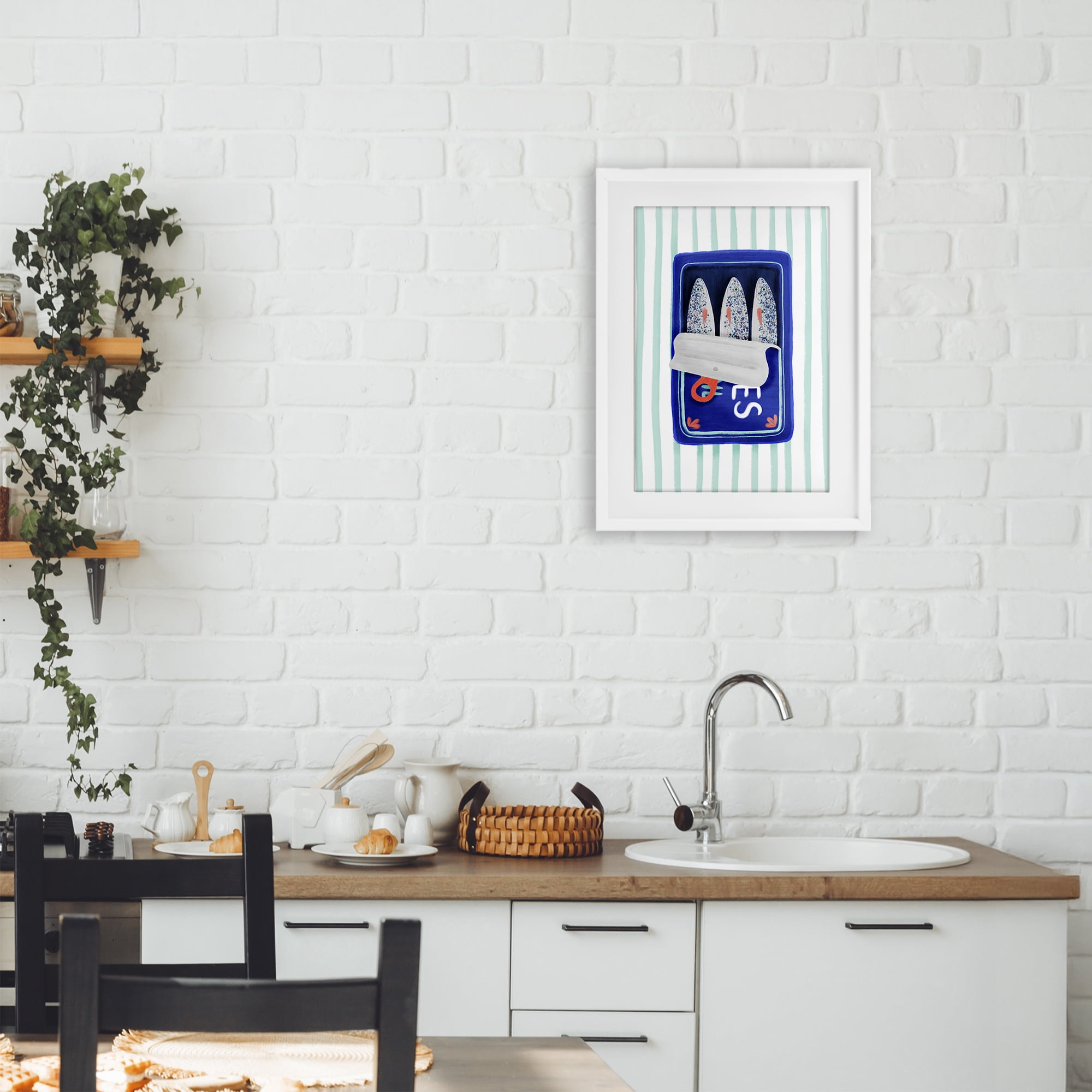 Stupell Industries Blue Sardines on Stripes White Framed Print Under Glass, design by Metka Hiti