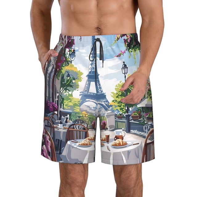 Fotbe Parisian Cafe With Eiffel Trajes de Baño Estampados para Hombre, Shorts de Verano de Secado Rápido, Ropa de Playa, Bañadores-X-Large