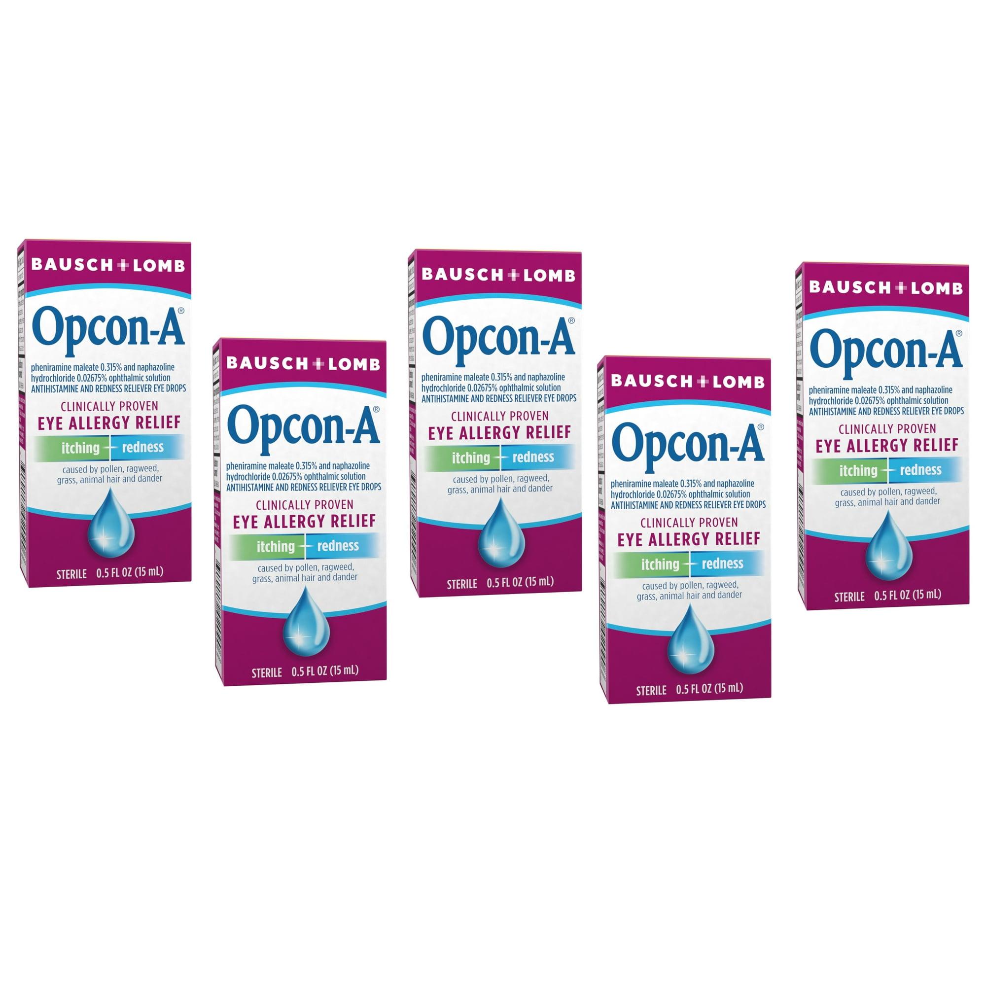 Opcon-A Allergy Eye Drops by Bausch + Lomb, for Itch and Redness Relief, Red and Itchy Eyes Antihistamine Eye Drop, Clinically Proven Treatment, 0.5 Fl Oz - 5 Pack