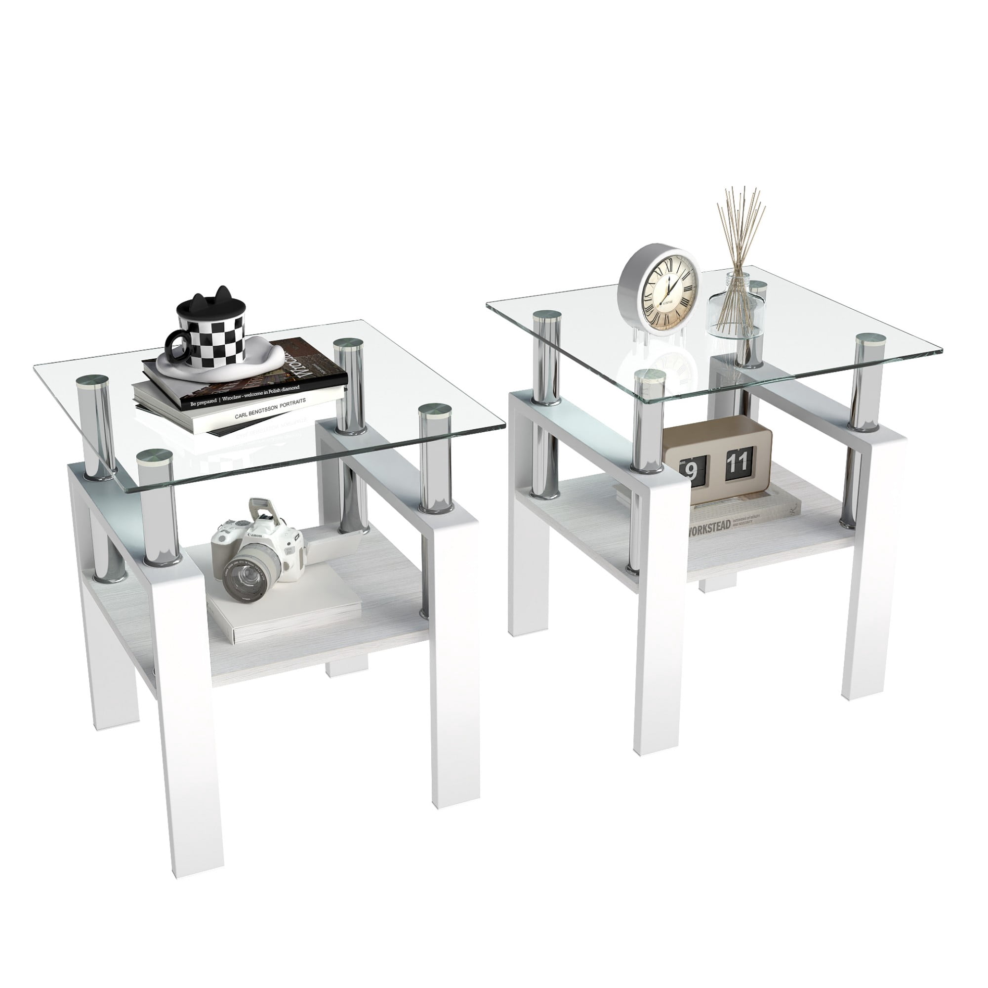 Euroco Set of 2 Modern Tempered Glass Tea Table,Tempered Glass Tabletop with MDF Layer,Coffee Table,End Table, Square Table for Living Room, Transparent/white