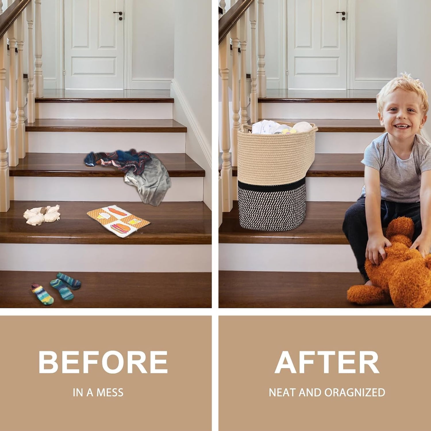 Natubeau Woven Stair Basket, Carpeted Stairs Storage Basket with Handles, Stair Baskets for Wooden Stairs, Staircase Baskets for Toys, Books, Black&Brown, 15"L x 10"W x 15"H