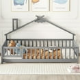 thumbnail image 3 of Twin Size House-Shaped Bedside Floor Bed, Wooden House Floor Bed Frame with Guardrails and Slats, Twin Bed with Door, Grey, 3 of 9