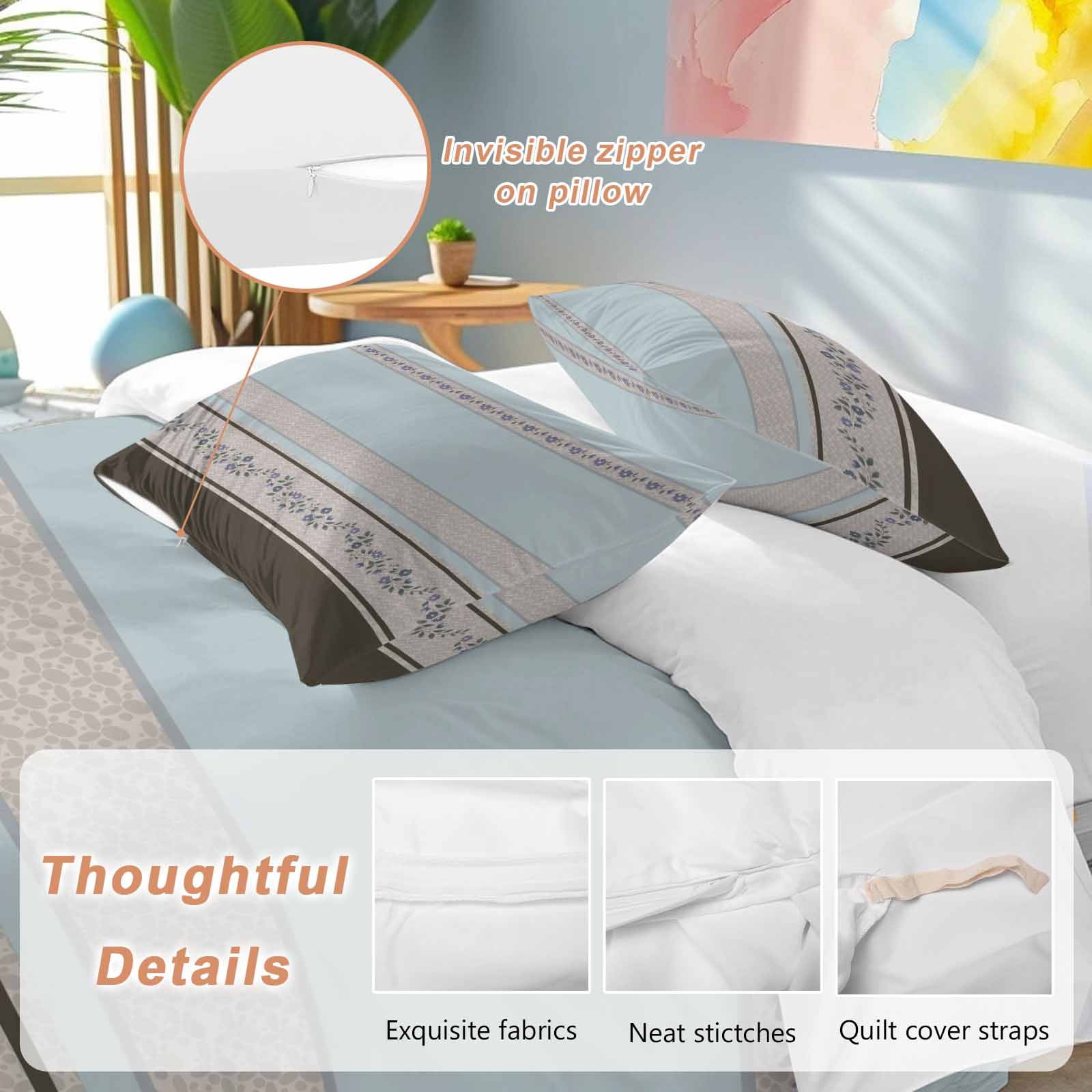 Aqua Floral Bedding 3 Piece Duvet Cover Set Twin Size, Modern Farmhouse Leaves Brown Striped Soft Microfiber Comforter Cover with Zipper Closure & Pillowcases, Wrinkle & FadeResistant Quilt Cover