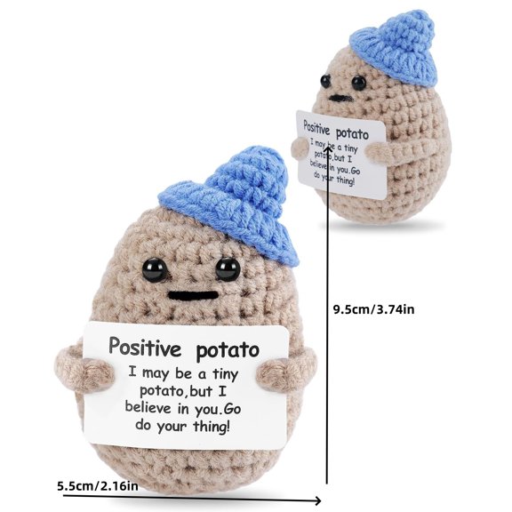 Handmade Positive Blue Hat Potato Gifts Funny Crochet Positive Potato Knitted Doll with Positive Card, Mini Creative Small Gifts for Friends, Family, Party Decoration Encouragement