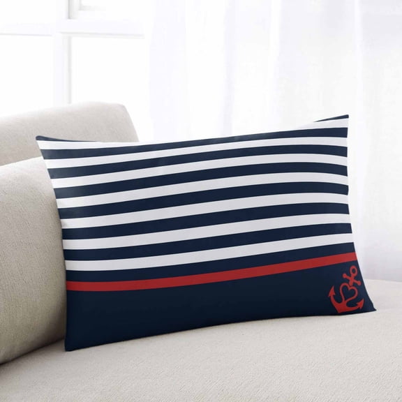 Anchor Navy Blue Queen Size Pillow Cover, Pillowcase Protectors with Zipper, Breathable Decorative Throw Pillow Case Cover, Red Nautical White Geometric Stripes Pillow Shams for Couch Sofa 20x30Inch