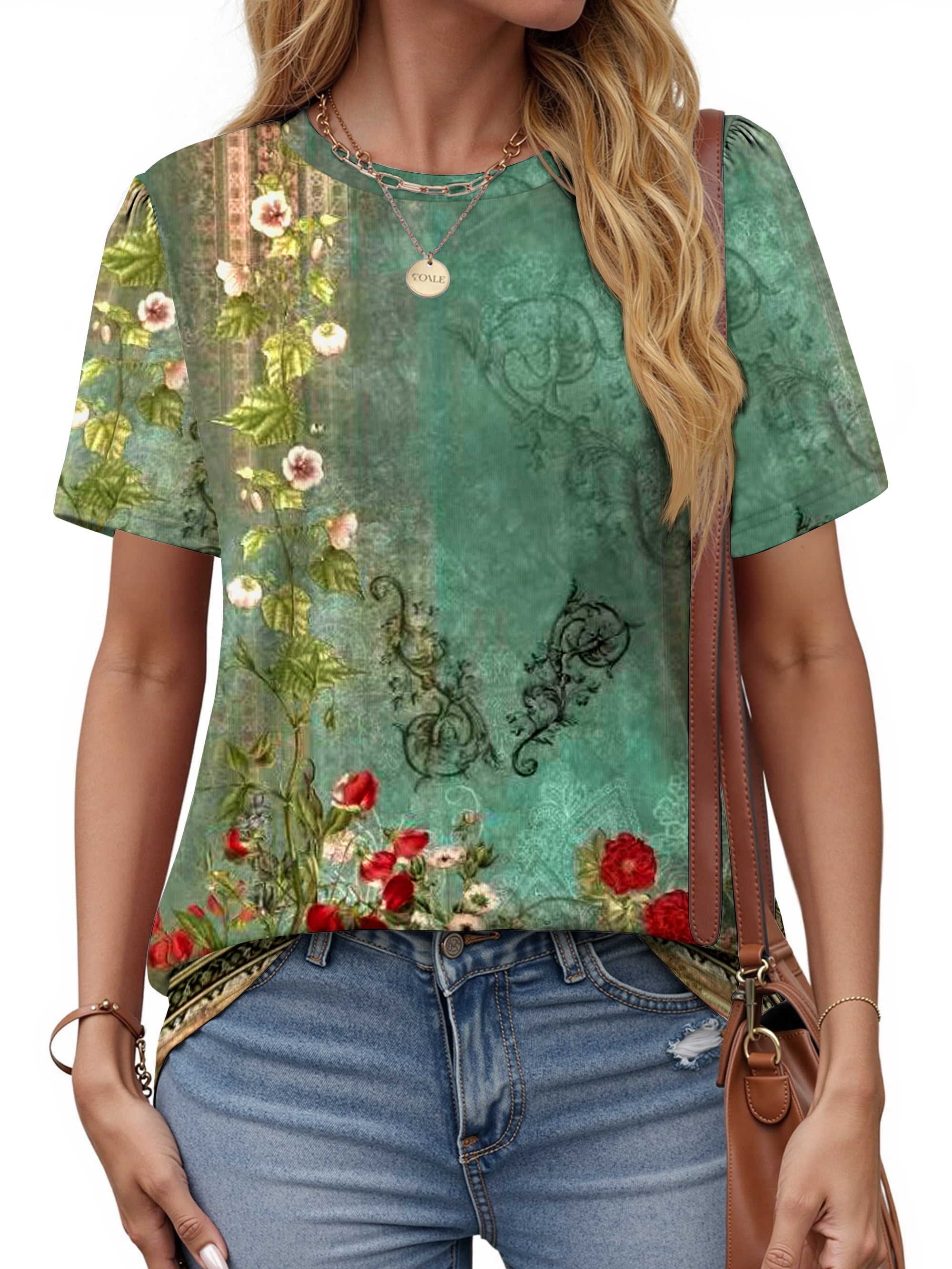 Fantaslook Womens Summer Tops Dressy Casual Short Sleeve Shirts Crew Neck Tunic Floral Blouses