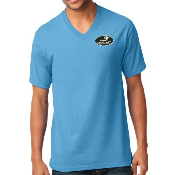 Manu Bay Surf Company LOGO Patch Men's V-neck Tee Shirt, XL Aqua Blue