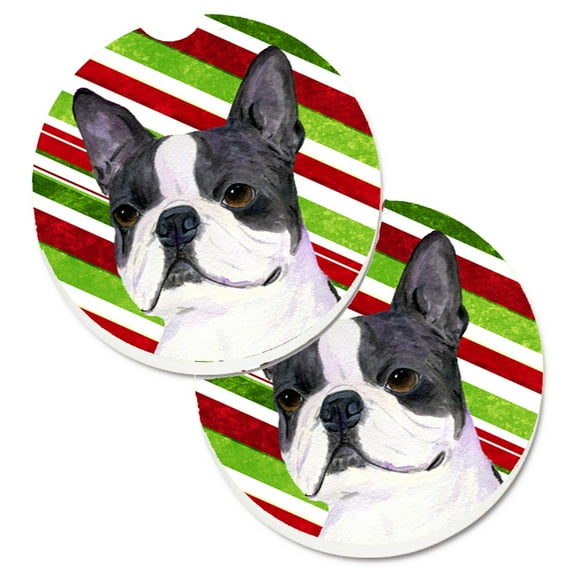 Boston Terrier Candy Cane Holiday Christmas Set of 2 Cup Holder Car Coasters