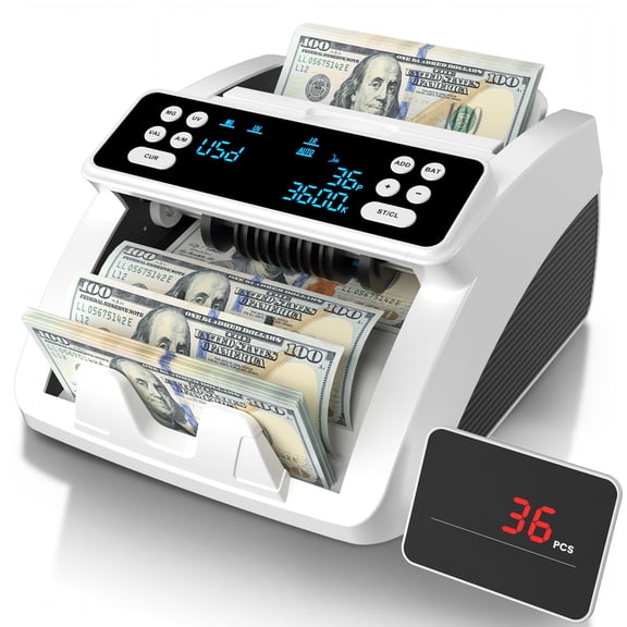 Bill Counter & Money Counter Machine – USD/EUR Value Count, UV/MG/IR Fake Detection, Add/Batch/Auto Modes, LED Display, Compact Powerful Design, Gray