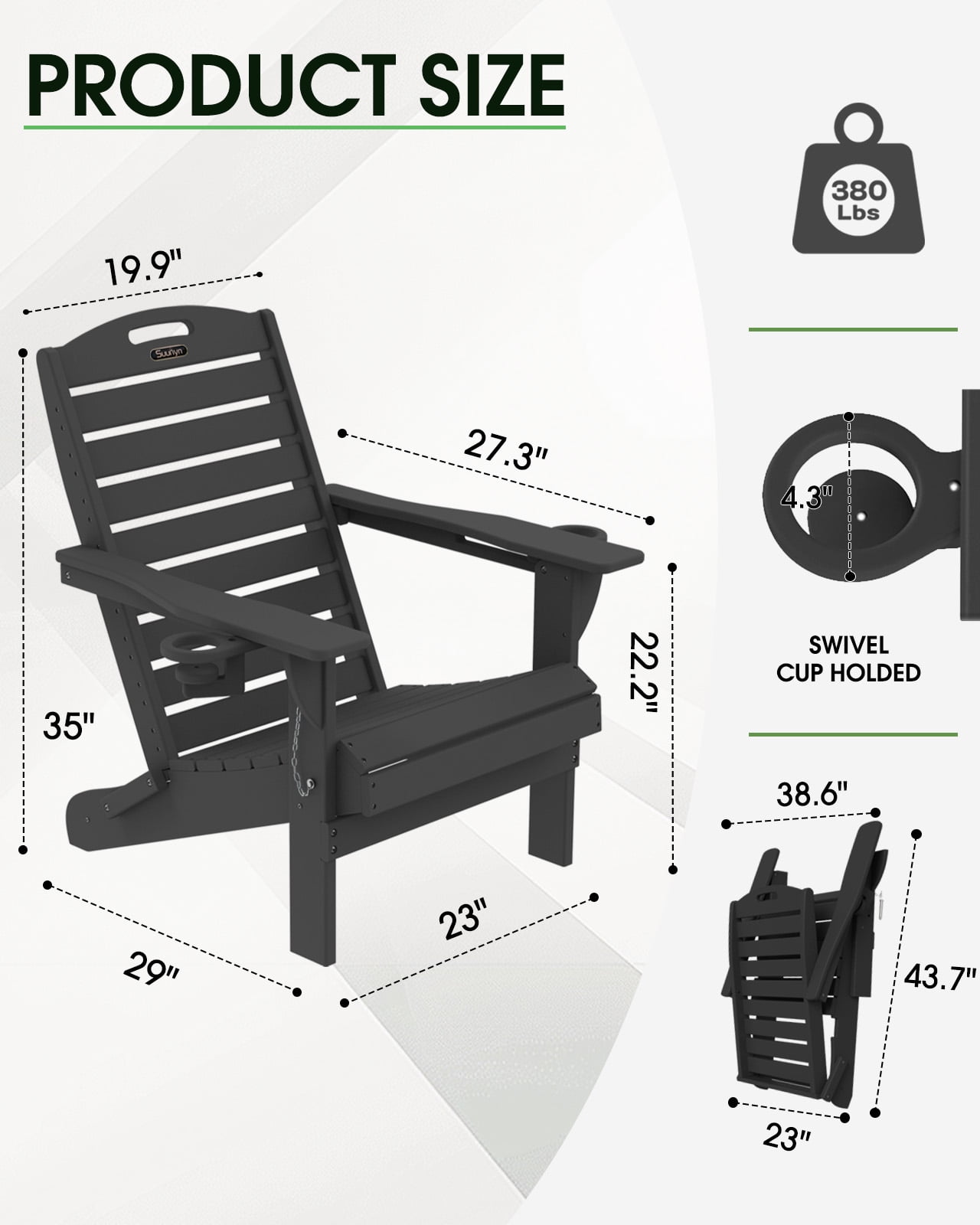 Folding HDPE Adirondack Chair, Weather Resistant Outdoor Fire Pit Patio Chair, Black