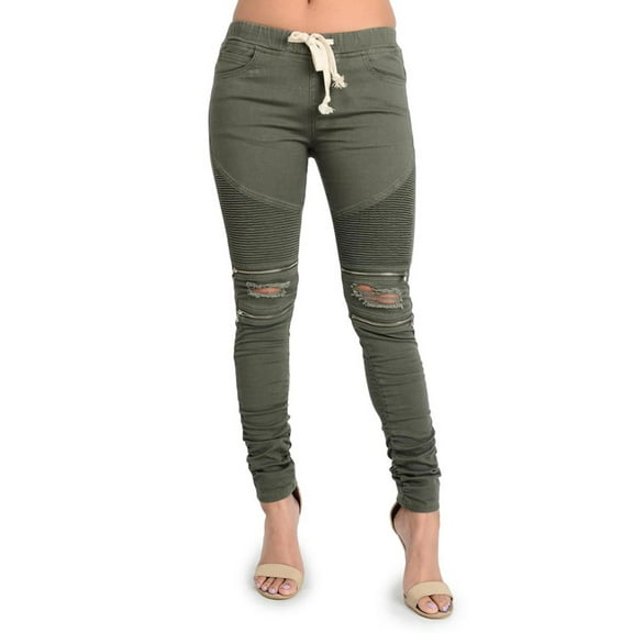 G-Style USA Women's Biker Style Ripped Zip Rider Jogger Pants RJJ777 - Olive - 2X-Large