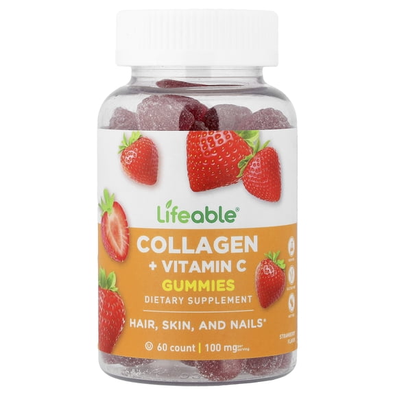 Lifeable Collagen   Vitamin C Gummies, Natural Strawberry, 60 Gummies