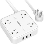 TESSAN 4 Outlet Extension Cord Wall Mount Charging Station 5 ft Cord, Flat Plug Power Strip with 3 USB Ports, Small Size for Indoor, Dorm Essentials, Office, Cruise Ship, Travel