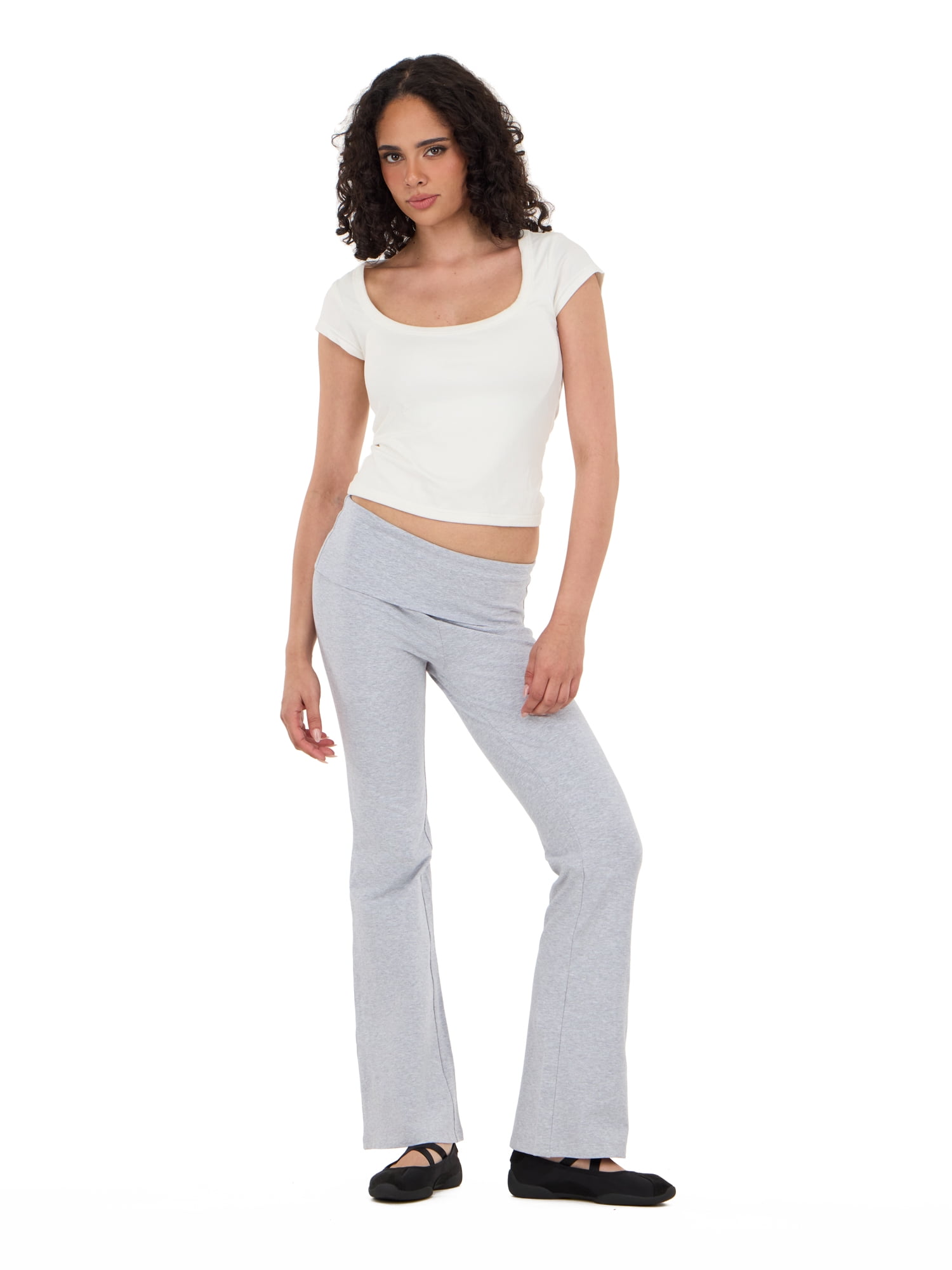 Forever 21 Women's Jersey Fold Over Waist Pants with Graphic Detail, Flare Leg Lounge Pants, Stretch Casual Everyday Comfort Style, Grey, XXS-4X