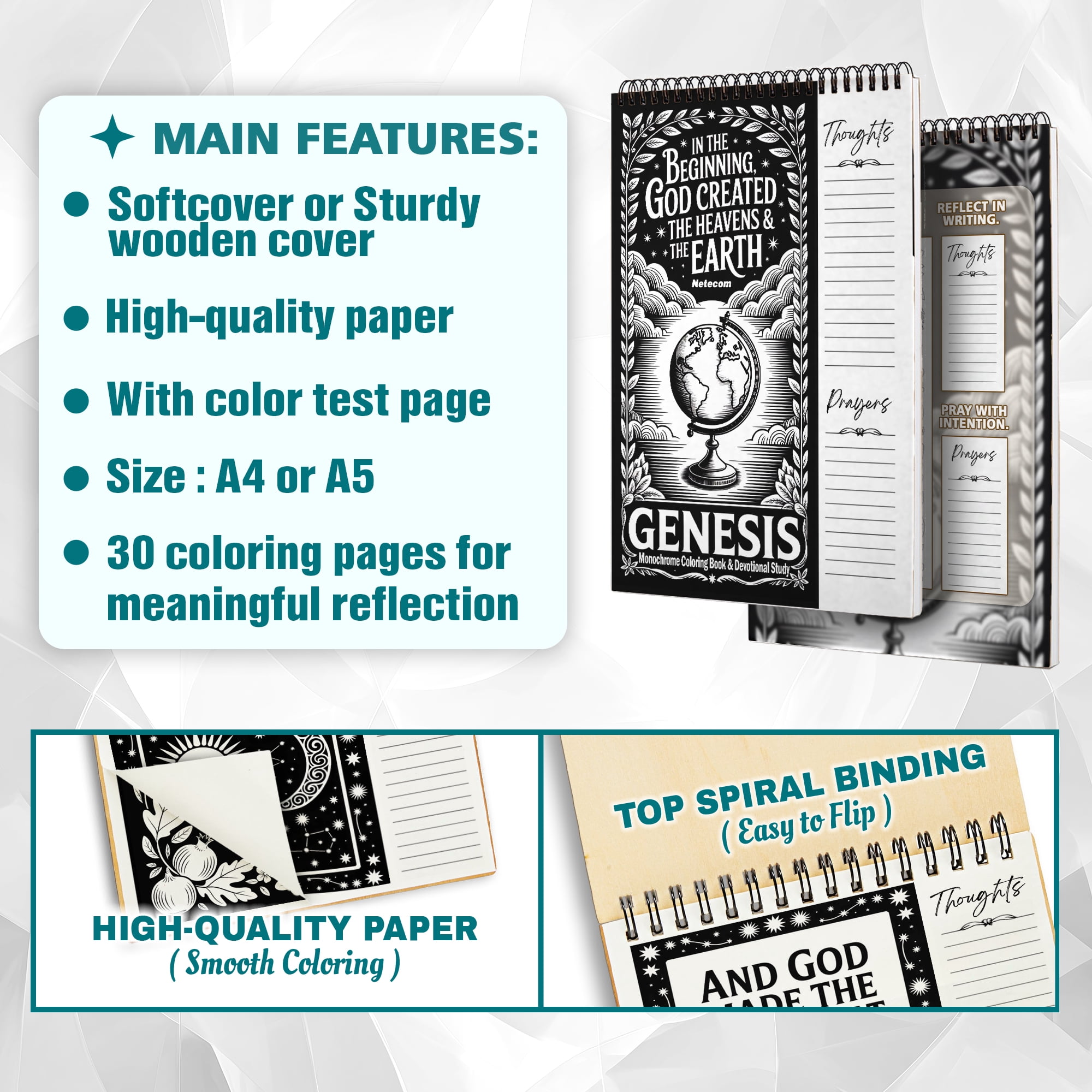Genesis Monochrome Coloring Book for Adults, 30 Minimalist Scripture Art Pages with Reflection & Prayer Space, Spiral Bound, A4 or A5 Softcover or Wood Cover