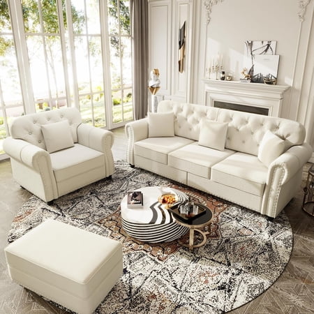 2 Pieces Velvet Chesterfield Sofa Sets, Modern Modular Sectional Couch with Ottoman, Comfy Living Room Sofas, L Shaped Couches, Chaise Lounge and 3-Seat, 4 Pillows for Apartment, Beige