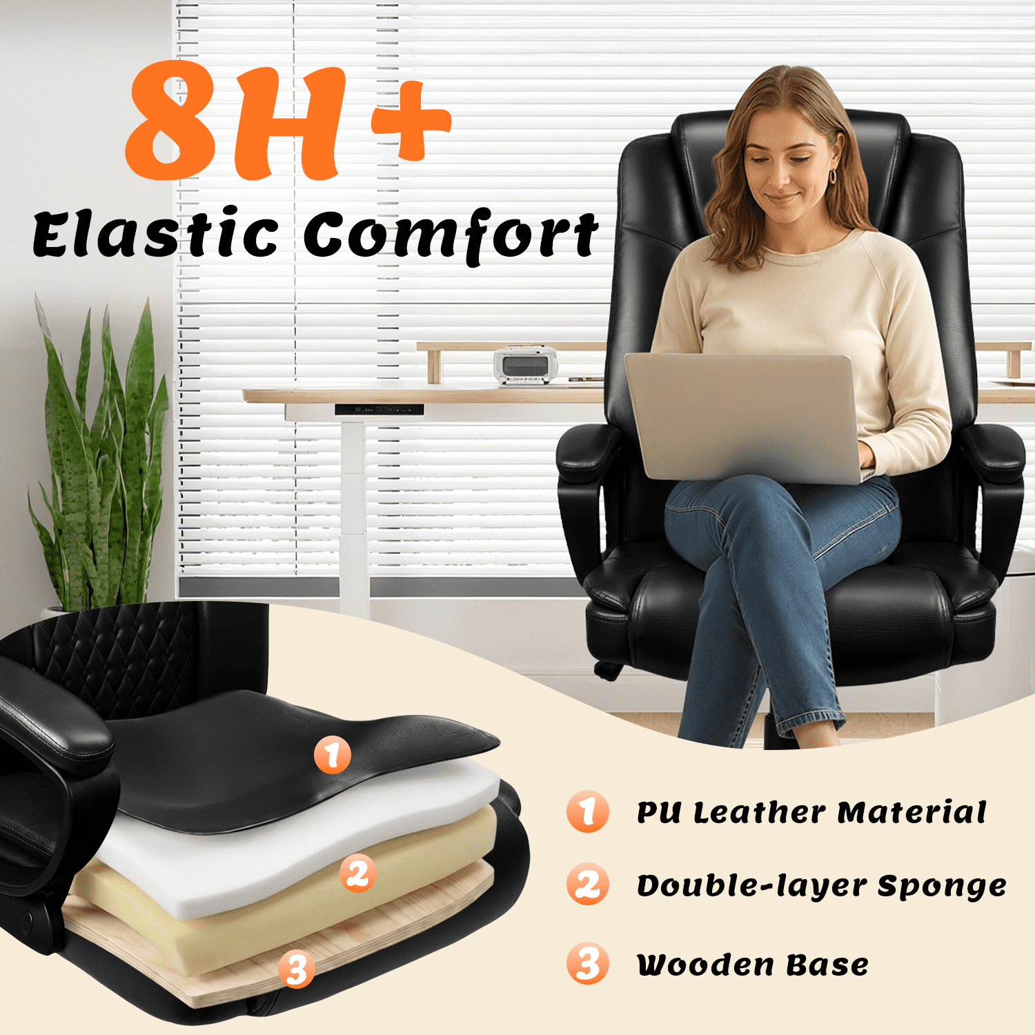Waleaf Home Office Chair, Big and Tall Desk Chair 8Hours Heavy Duty Design, Ergonomic High Back Cushion Lumbar Back Support, Computer Desk Chair, Adjustable Executive Leather Chair with Arms