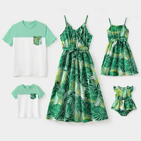 

PatPat Mommy and Me Family Matching Allover Green Plant Print Belted Cami Dresses and Short-sleeve Colorblock T-shirts
