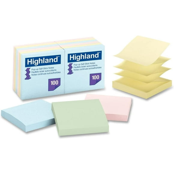 Highland 6549-PUA Pop-up Notes, 3 x 3 pouces, couleurs pastel assorties, paquet de 12