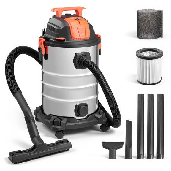 KFFKFF 8-Gallon Wet Dry Vacuum Cleaner, 6 Peak HP with Self-Cleaning Function, Dual-Filter System, 900W Power, 1.25in x 7ft Hose, 9.8ft Cord, Durable Metal Tank for Workshop, Garage, and Home Use