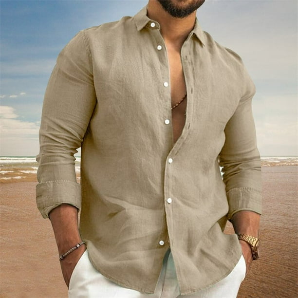 Camisas informales de lino y algodon para hombre camisa de manga larga cuello vuelto Color solido moda primavera y otono 2023 Walmart en linea