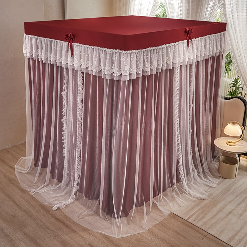 4 Corners Post Solid Color Bed Canopy Curtain Double Layer-Curtain & Ruffle Princess Mosquito Net 4 Opening Netting for Girls Teens Or Adults Bedroom Decoration, Wine Red, Queen