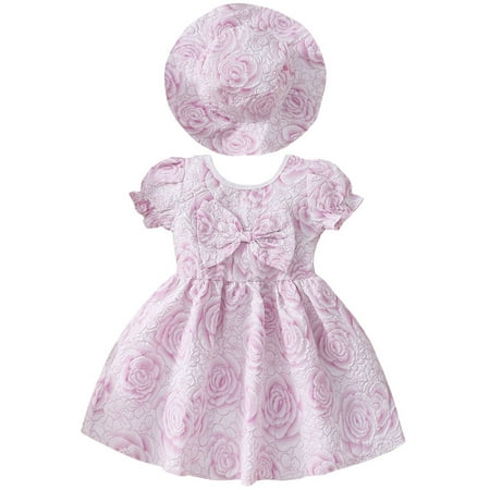 

Inadays Toddler Baby Girl Floral Jacquard Puff Sleeve Dress Summer Bowknot Princess A-line Dresses Kids Birthday Ball Gown Party Pageant Dresses with Hat Purple 4-5 Years