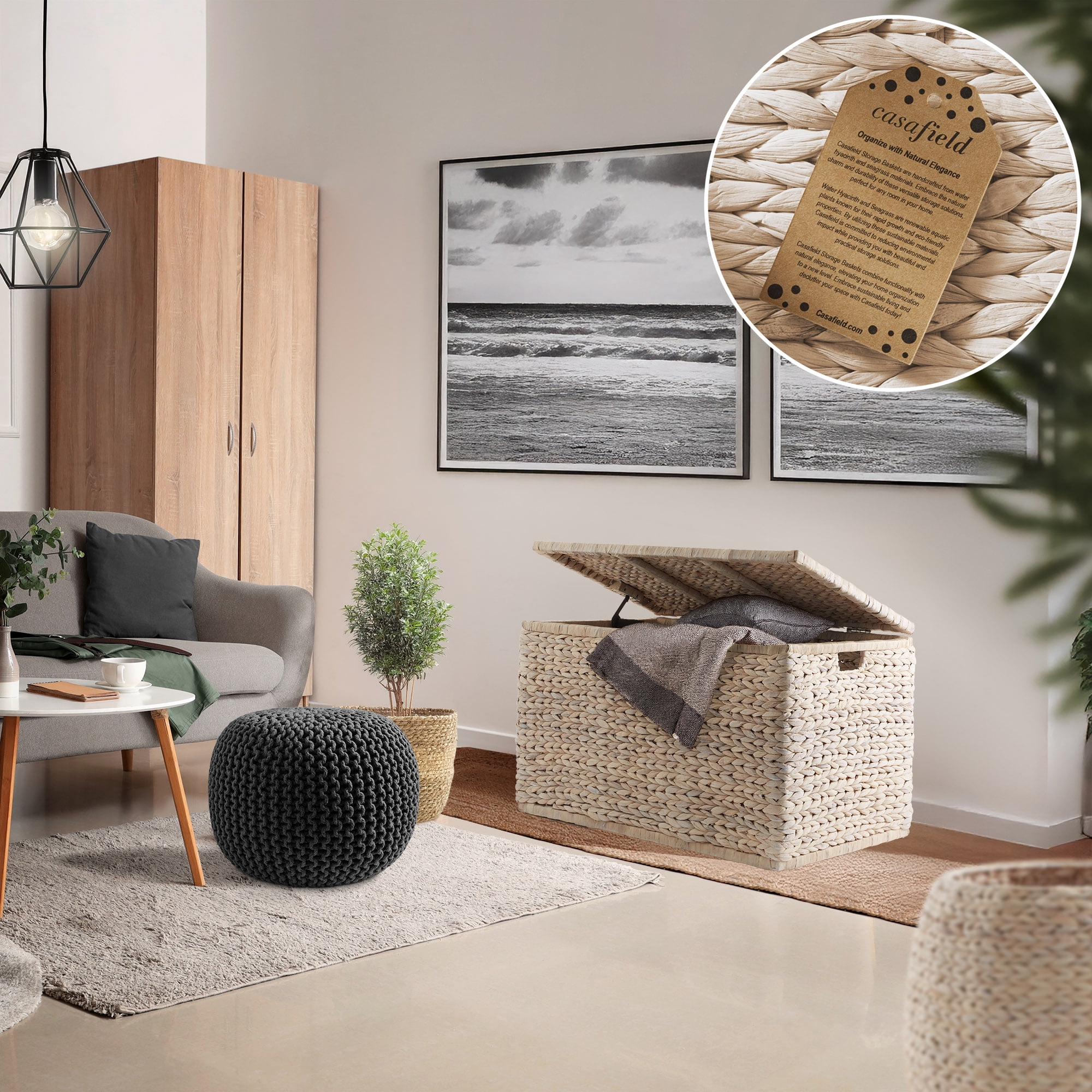 Casafield 30" Storage Chest with Lid, Handles, Safety Hinge - Whitewash White, Water Hyacinth Wicker Storage Trunk for Bedroom, Entry Way, Living Room
