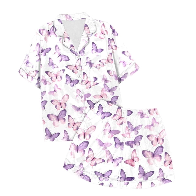 MIASHUI Ensemble de Pyjama 2 Pcs à Manches Courtes pour Filles Imprimé Papillon Vêtements de Nuit, Blanc, 6-7 Ans