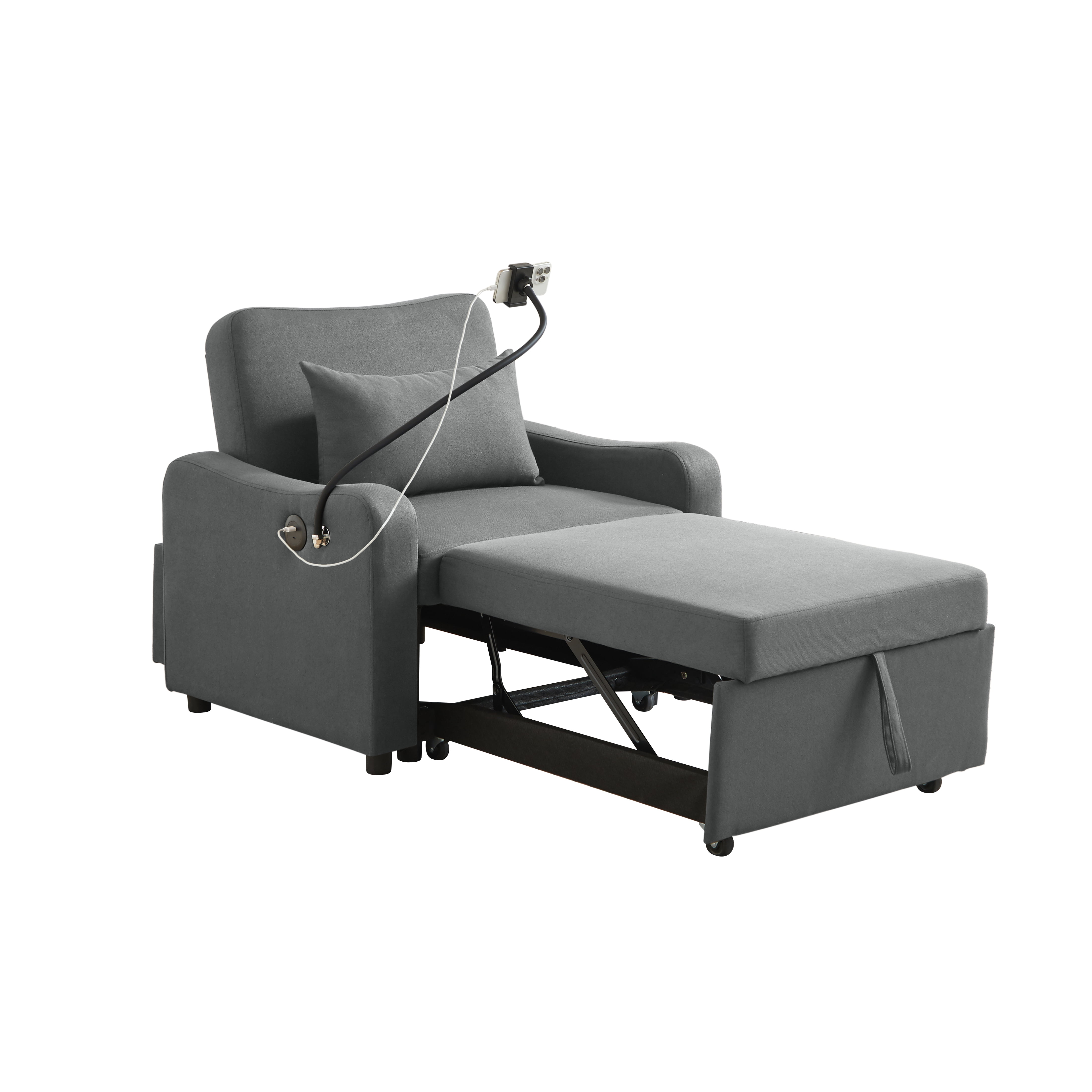 Leumius Convertible Sleeper Sofa Chair Bed,3 in 1 Linen Single Sofa with USB Port and Phone Holder,Pull Out Couch Recliner with Adjustable Backrest for Living Room, Office, Small Place,Dark Gray
