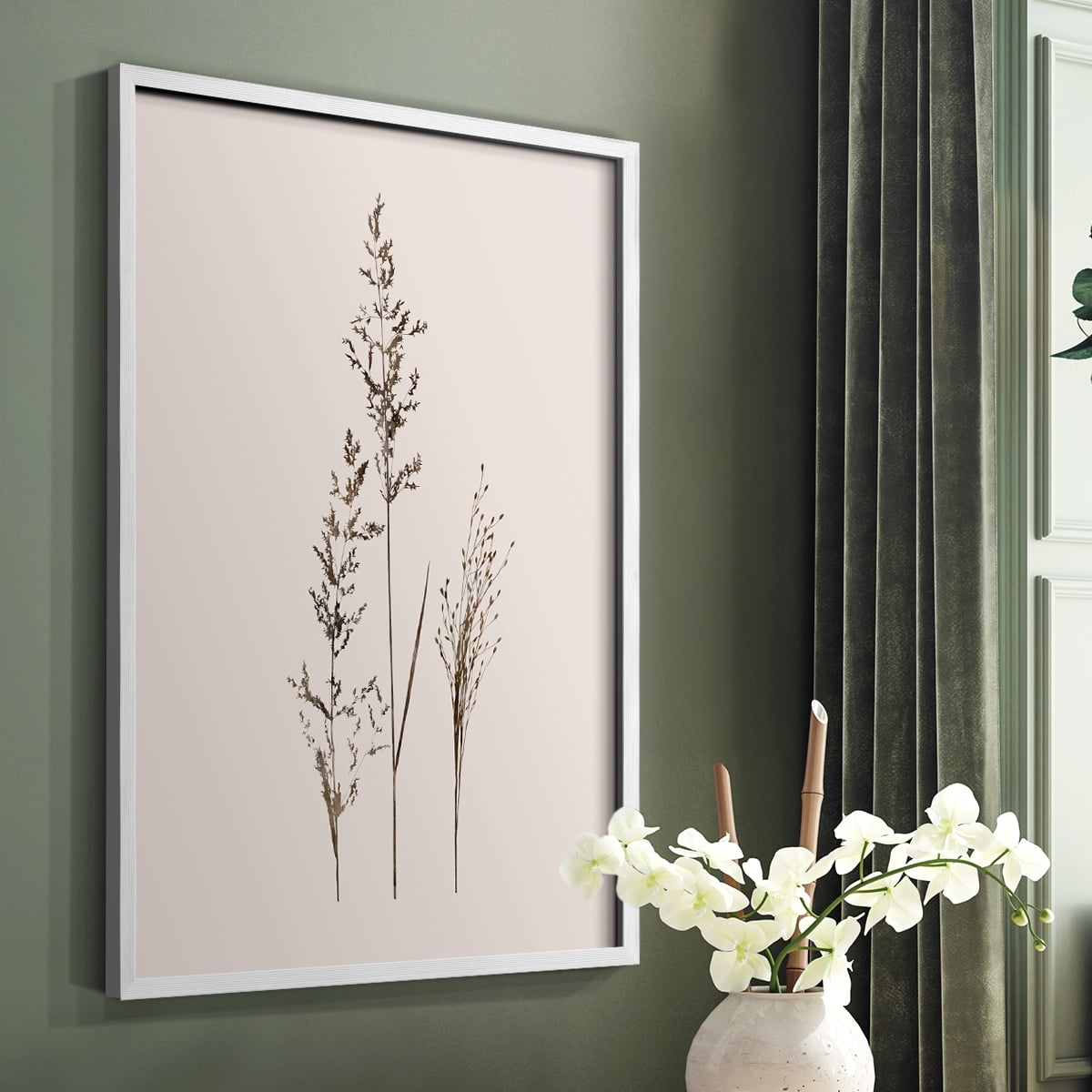Delicate Stems I Framed Print in White Solid Wood Framed Print No Nail Hanging