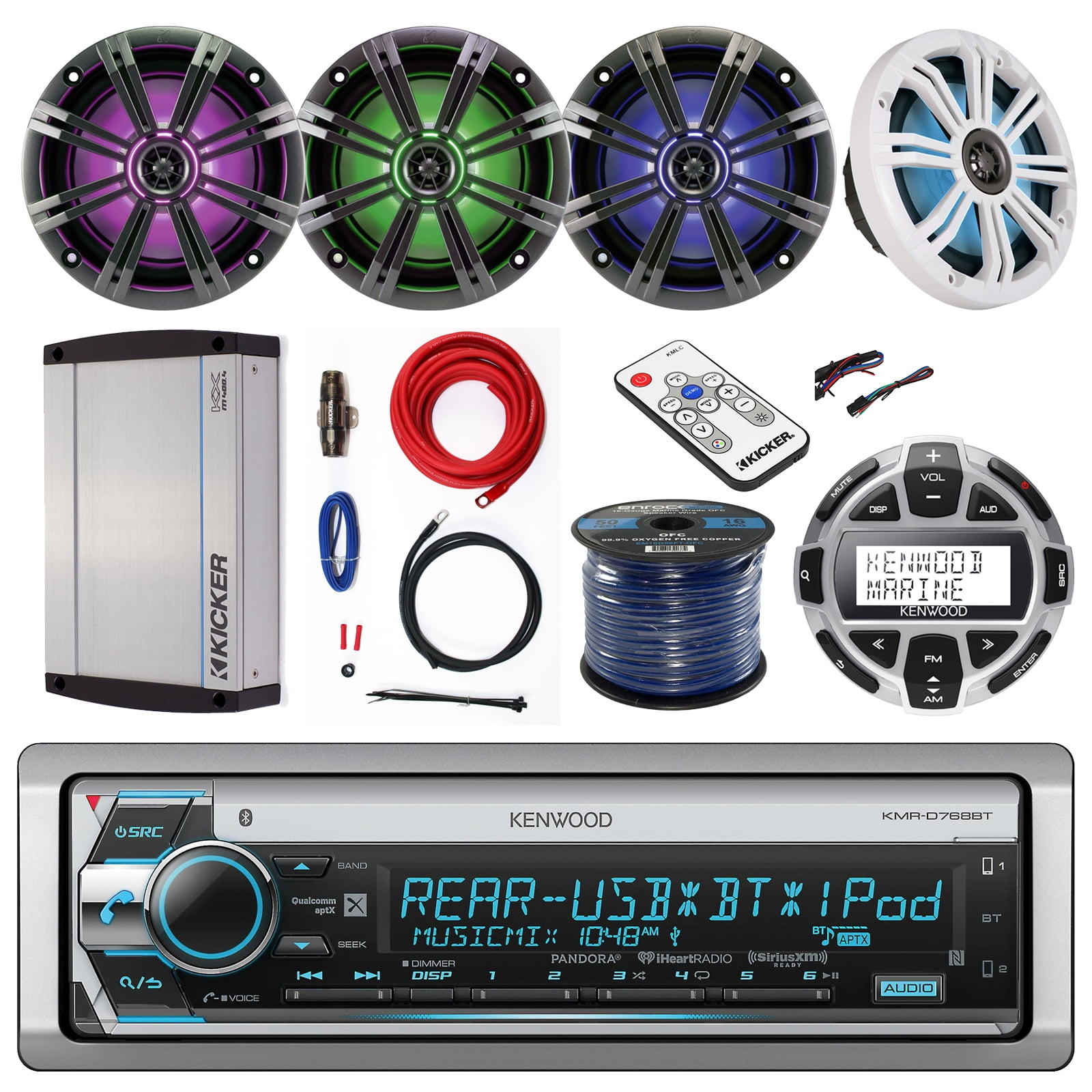 Marine Audio Bundle Kenwood Marine CD Receiver w/ Bluetooth, Remote