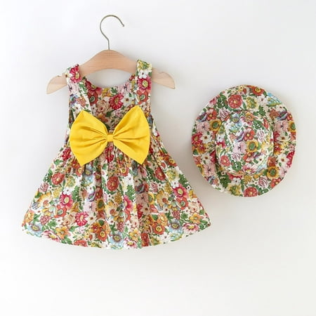 

nsendm Hat Dress Set Bowknot Girls Infant Printed 6M-3Y Sleeveless Princess Suspenders Baby Floral Dresses Toddler Girl 4t Dress Red 6-12 Months