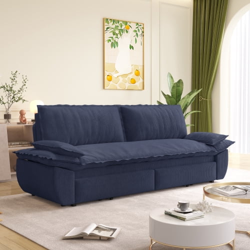 73.2" Queen Pull Out Sofa Bed, 3-in-1 Convertible Sleeper Sofa, Multi-Functional Corduroy Loveseat Couch with Pull-Out Bed, Blue