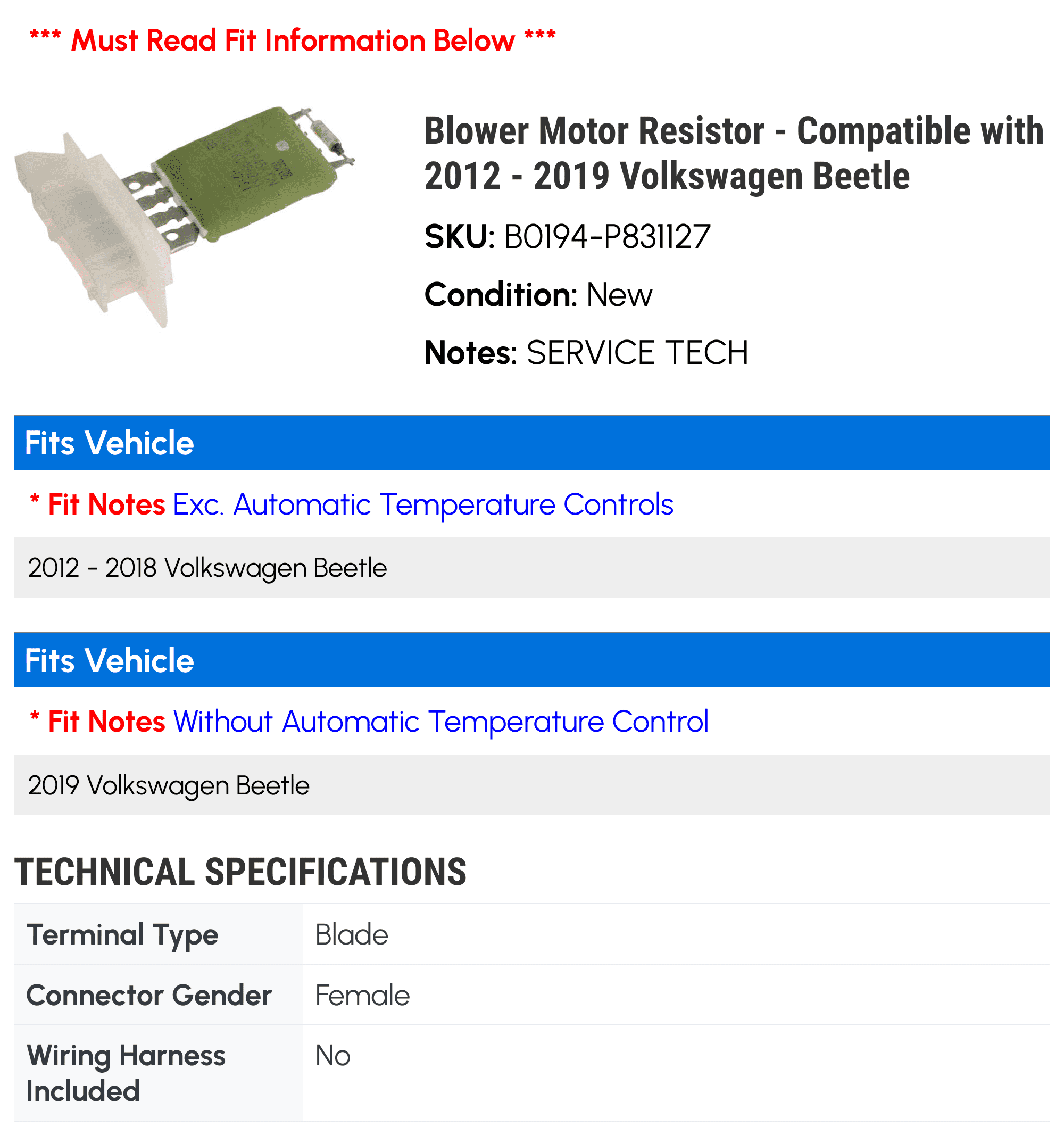 Blower Motor Resistor - Compatible with 2012 - 2019 Volkswagen Beetle 2013 2014 2015 2016 2017 2018