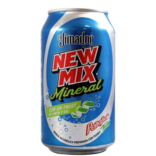 pack de 12 tequila new mix jimador mineral limon lata 350 ml — Lata frontal azul de New Mix Mineral Jimador 350 ml con logo 'NEW MIX' rojo, texto 'Mineral' en verde, ilustración de rodajas de limón y burbujas y leyenda 'con un twist de limón y sal'.